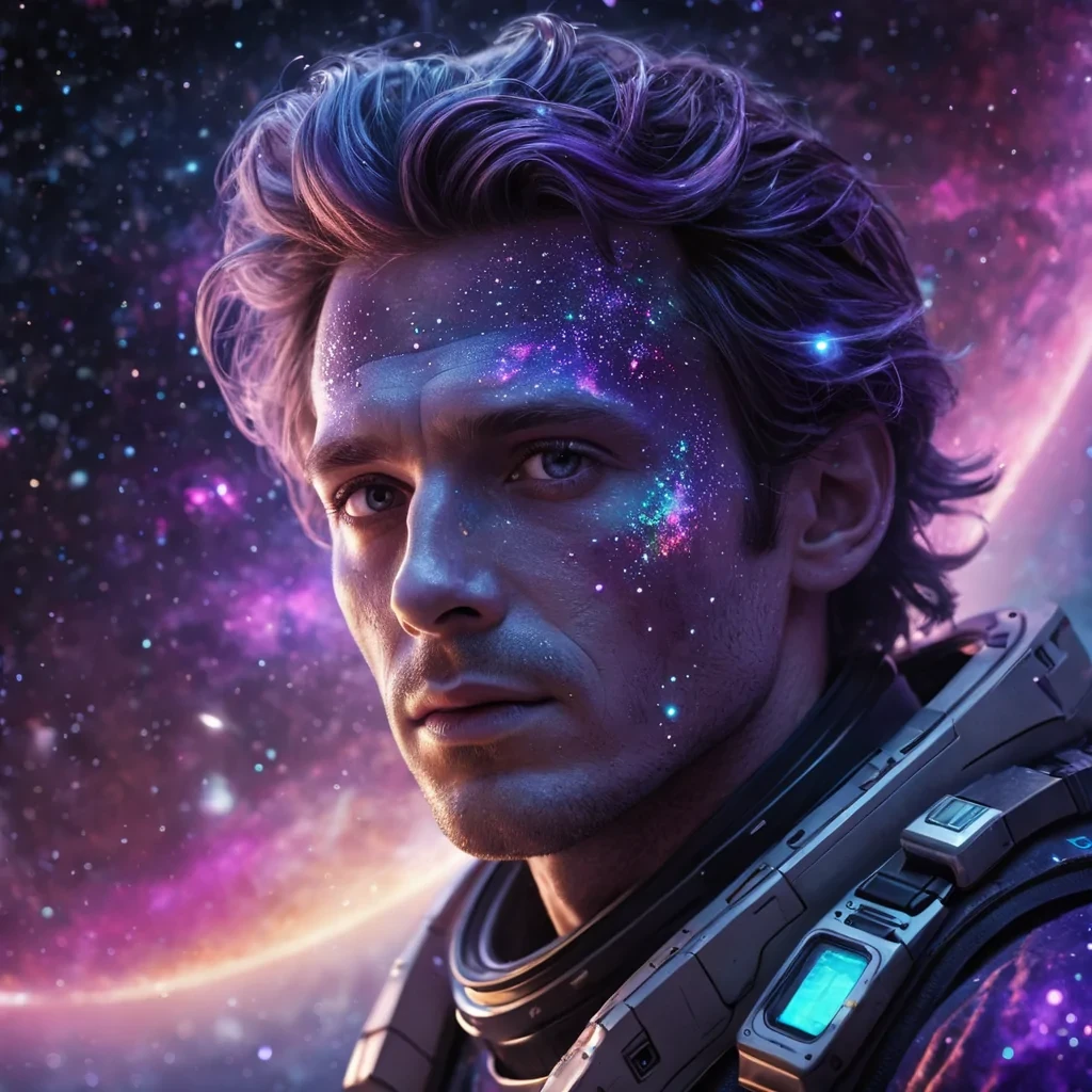 A hyperrealistic, 4K, ultra HD portrait of an intergalactic explorer, his iridescent skin shimmering with the colors of a distant nebula. The explorers eyes, a deep, enigmatic violet, hold the secrets of a thousand cosmic voyages. His hair, a cascade of shimmering, stardustlike particles, gently pulses with each beat of his celestial heart. The background is a surreal, interstellar landscape filled with floating asteroids and the soft glow of distant suns. Cinematic lighting accentuates the explorers otherworldly beauty, while a subtle bokeh effect blurs the cosmic expanse, creating an intimate, focused atmosphere.