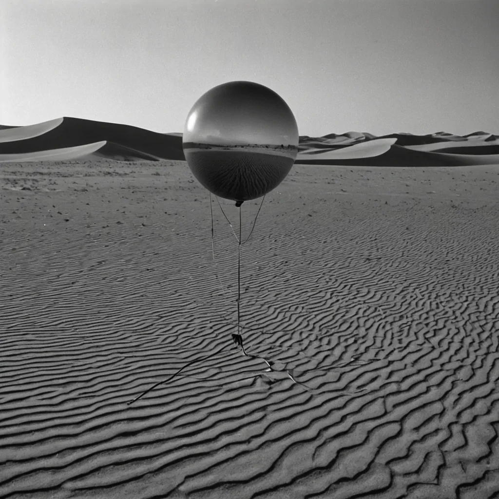 A panoramic, eyelevel shot of a vast, arid desert landscape where the sand dunes are not made of grain, but of compressed, staticfilled television screens frozen in a single frame of a blackandwhite news broadcast from the 1980s. The dunes ripple with the texture of analog noise, the pixels visible up close as tiny, staticfilled squares. In the center of the frame, a solitary, massive, spherical balloon made of translucent, stretched rubber hovers low above the static ground, its surface reflecting the distorted, pixelated landscape below. The balloon is tethered by a single, thin, taut wire made of braided steel cable, which extends vertically out of the top of the frame,
