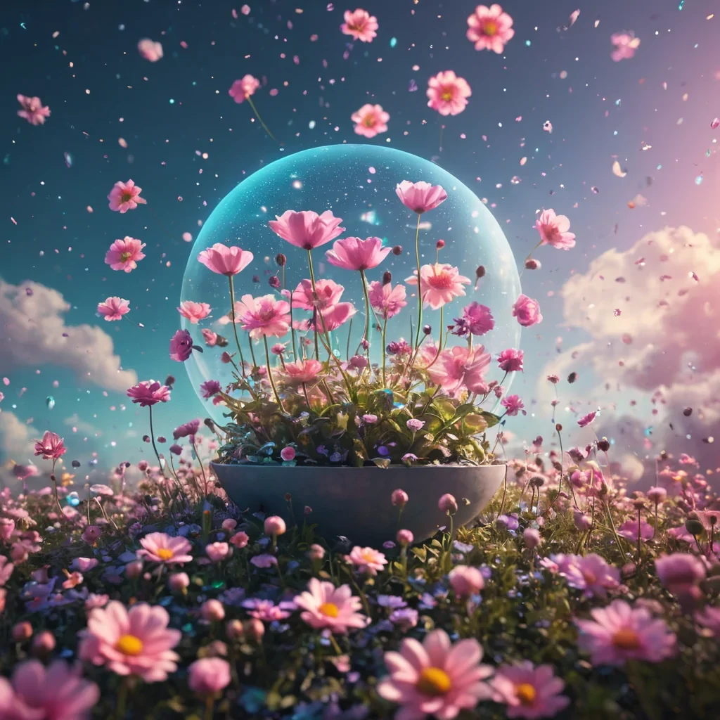 A sentient, levitating garden in the sky, blooming with floating, neonlit flowers, each petal a tiny, glowing screen displaying abstract art, hyperrealistic, Ultra HD, cinematic lighting, volumetric lighting, atmospheric effects, bokeh effect, pastel tones, detailed textures.