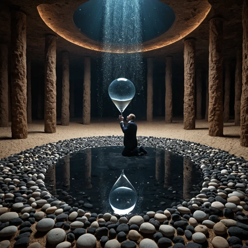 A hyperrealistic, eyelevel wide shot of a vast, subterranean plaza paved with thousands of smooth, polished river stones, each stone acting as a perfect, concave mirror reflecting a different, tiny, vibrant ecosystem from above, including dense redwood forests, arid desert dunes, and tropical coral reefs, creating a fragmented, kaleidoscopic ceiling of inverted landscapes. In the center, a solitary figure clad in a suit of woven, matteblack basalt fibers kneels on a floating platform of suspended water droplets, holding a delicate, transparent glass hourglass that contains swirling, liquid starlight instead of sand. The lighting is dim and atmospheric, with beams of cool, blue moonlight filtering down from a single, circular