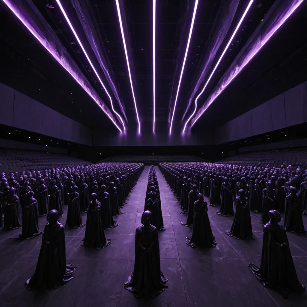 A cinematic, mediumshot photograph of a silent, synchronized choir of humanoid figures made of matte, charcoalgrey basalt standing in a vast, empty concert hall with high, vaulted ceilings of polished obsidian. The figures are not singing but holding their mouths open, releasing long, undulating ribbons of glowing, liquid neon violet light that flow through the air like solid, malleable silk. These lightribbons intersect and weave with one another in complex, braided patterns, creating a dense, luminous lattice above the crowd. The floor is a seamless, reflective surface of black mirror glass, perfectly reflecting the vibrant violet glow and the dark silhouettes of the stone figures. The lighting is dramatic and lowkey, with a single