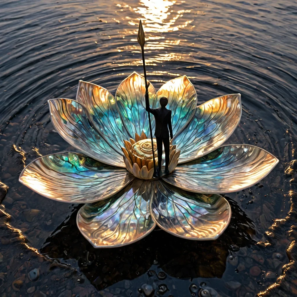 A closeup, macro perspective of a vast, undulating landscape composed entirely of millions of polished, iridescent abalone shells arranged in concentric, rippling waves that reflect a sky streaked with horizontal bands of iridescent oilslick colors. Rising from the center of this shimmering mosaic is a colossal, translucent glass sculpture resembling a blooming lotus flower, its petals infused with swirling, liquid gold and floating, suspended in midair by invisible magnetic fields. Perched on the highest petal is a solitary figure wearing a sleek, formfitting suit of matte black ceramic armor, holding a long, slender staff topped with a floating, glowing orb of pure white light. The scene is bathed in crisp, directional sunlight that