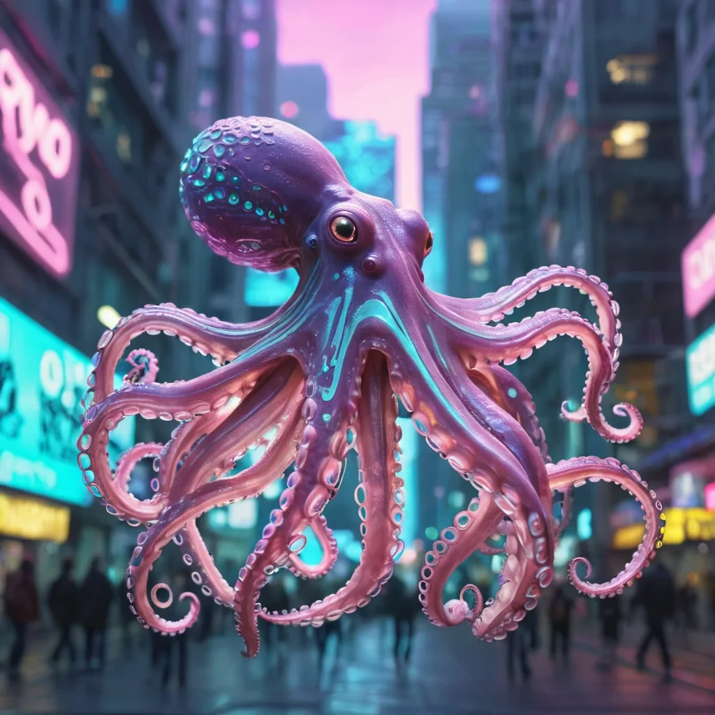 Hyperrealistic neon octopus with iridescent tendrils dancing in a futuristic metropolis, pastel tones with dynamic lighting, soft focus on its intricate, glowing tentacles, vibrant colors, 4K resolution, lens flare shimmering around its movement.