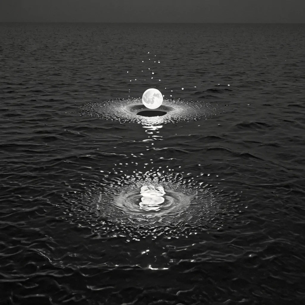 A single, selfilluminating cluster of solidified moonlight, shaped like a crystalline, nonreflective lattice of reversed lunar phase transitions, floats at the center of a vast, inverted ocean composed of compressed, unobserved tides from a civilization that communicated through the duration of synchronized, silent watching of the moons reflection on still water. The cluster does not shineit unrefracts, each pulse dissolving a layer of luminosity that never coalesced into a shared gaze, reforming into ephemeral, silverveined afterimages shaped like the negative space between two hands that never reached across the same dark pool in the same moment of mutual stillness. The ocean is not liquidit is a layered ex
