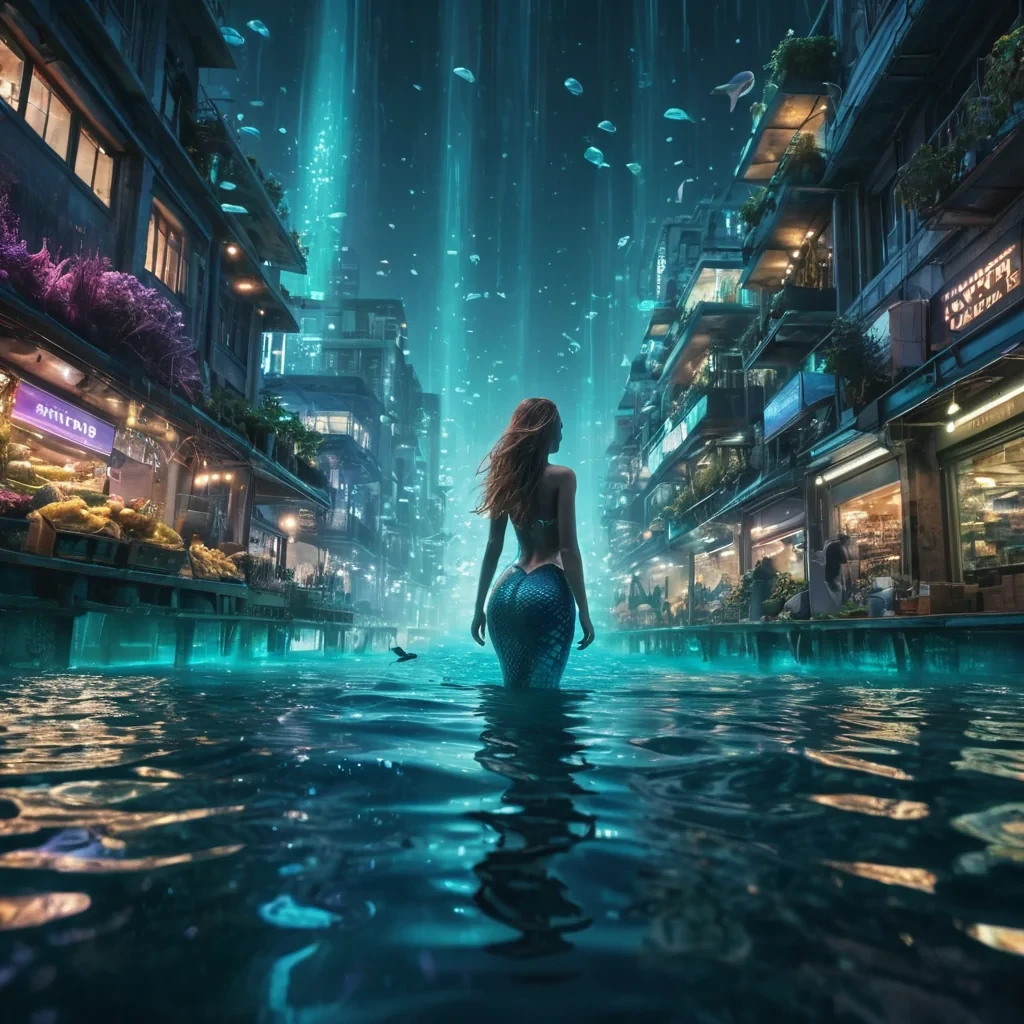 A vast, underwater cityscape with bioluminescent flora illuminating the streets, futuristic architecture blending seamlessly with the ocean floor, a lone mermaid swimming through the citys market, hyperrealistic, 4K, cinematic lighting, volumetric lighting, atmospheric effects, dynamic lighting, bokeh effect, soft focus, lens flare, vibrant colors, detailed textures.