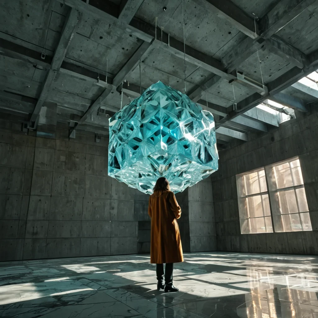 A horizontal, eyelevel wide shot of a colossal, suspended archive of floating, translucent memory crystals hovering within a vast, sundrenched atrium of a brutalist concrete structure. The crystals vary in size and hue, ranging from deep amber to cool cyan, each containing swirling, nebulous cloudlike patterns that shift slowly as if holding liquid time. In the foreground, a curator with sharp features and wearing a structured, highcollared coat made of matte white synthetic fabric reaches out to gently rotate a large, hexagonal crystal that glows with a warm, internal pulse. The floor is polished black marble, reflecting the intricate geometric shadows cast by the massive, gridlike steel beams overhead, while shafts of bright, golden afternoon light slice through