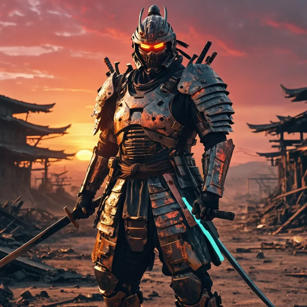 A hyperstylized, 4K portrait of a stoic, cybernetic samurai standing guard in a postapocalyptic wasteland, with dynamic lighting casting harsh shadows on its metallic armor, and a vibrant, fiery sunset illuminating the desolate, crumbling landscape.