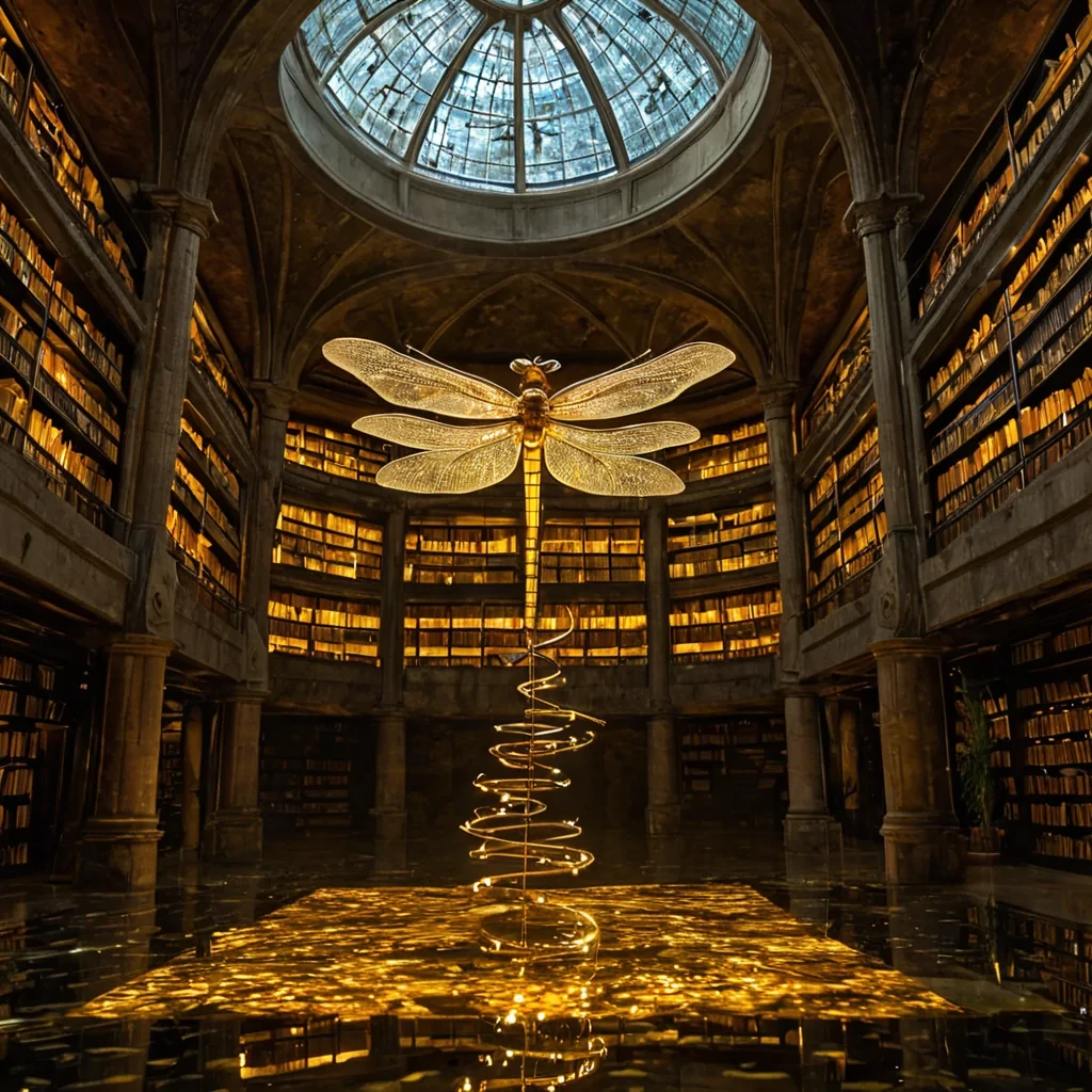 A horizontal, eyelevel wide shot of a luminous, underground atrium constructed from translucent sheets of polished amber fossil resin, where the walls are embedded with swirling inclusions of ancient, prehistoric ferns that glow with a warm, honeygold bioluminescence. The floor is a shallow pool of clear, still water that reflects the intricate, latticelike ceiling made of interwoven silver wires and suspended glass prisms. Floating gently in the air are dozens of delicate, mechanical dragonflies crafted from brass and stained glass, their wings humming with soft, golden light as they drift around a central, spiraling tower of stacked, translucent books. In the center, a figure wearing a long, flowing robe woven from iridescent, silk