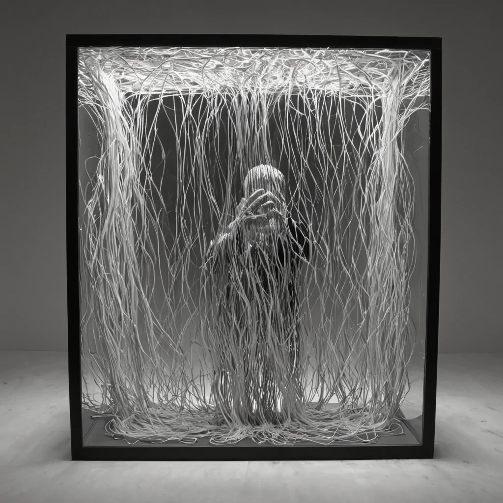 A single, selffragmenting filament of reversed memory, shaped like a 913dimensional mosaic of unformed recollection and inverted nostalgia, drifts at the center of a vast, inverted museum of solidified forgettingeach display case carved from the exact moment between a photograph being developed and its refusal to develop, a name being spoken and dissolving into unpronounceable breath, a face being remembered and collapsing into pure, unrecalled absence. The filament does not preserveit unpreserves, each shimmering shard shedding a layer of mnemonic potential that never coalesced into a shared past, reforming into ephemeral, opalthreaded afterimages shaped like the negative space between two hands that never held the same letter.