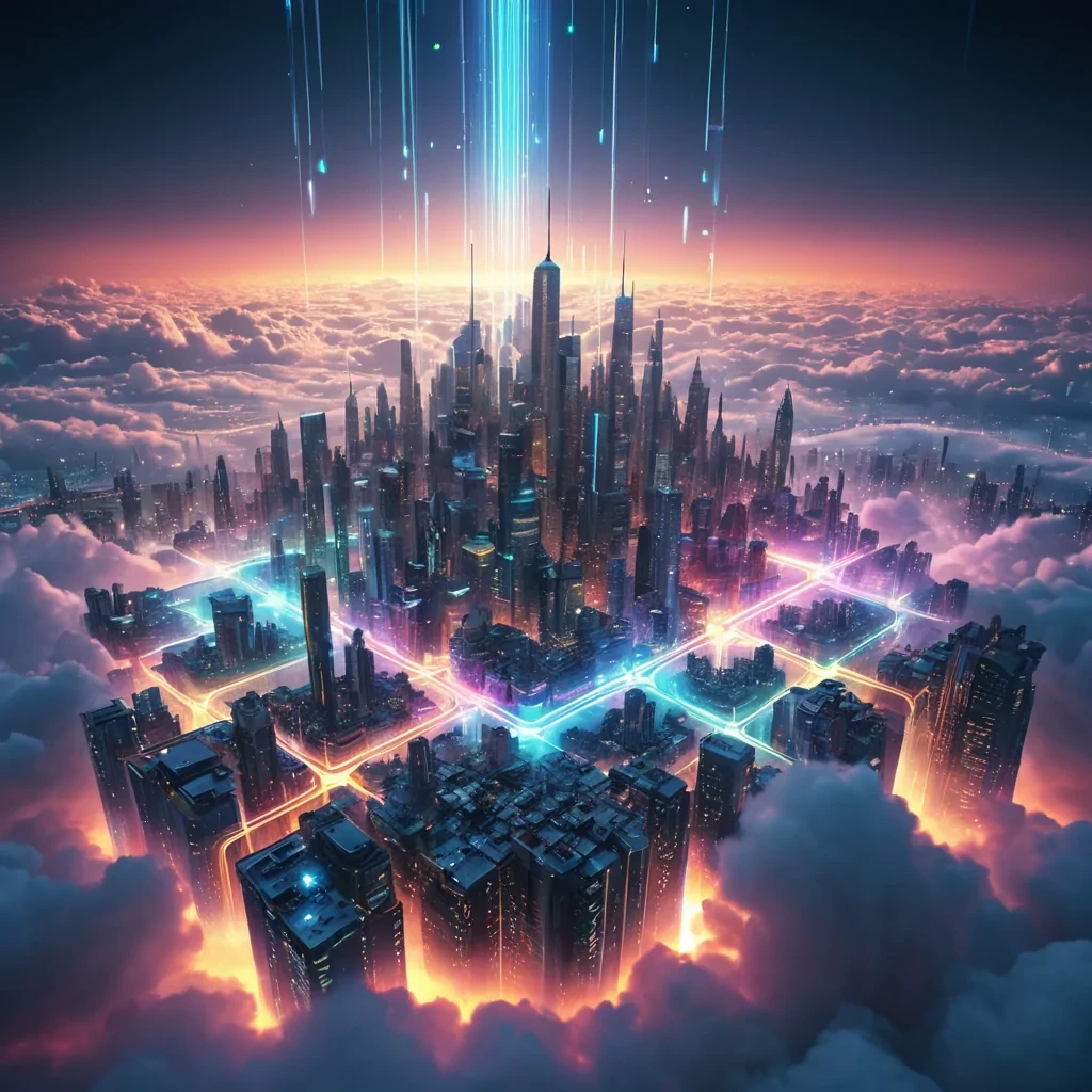 A futuristic, levitating metropolis suspended above a sea of clouds, with buildings made of iridescent, shimmering glass and neon circuits pulsing with data, hyperrealistic, Ultra HD, cinematic lighting, volumetric lighting, atmospheric effects, lens flare, vibrant colors, detailed textures.