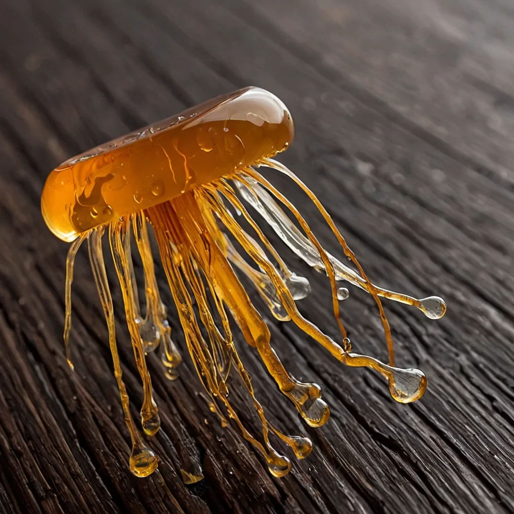 A closeup, macro perspective of a single, oversized, translucent toothshaped keycap made of frosted alabaster plastic, resting on a curved, concave surface of polished, dark walnut wood. The keycap is not opaque but internally illuminated by a soft, pulsating amber light that seems to emanate from the root structure within. Suspended in the air just above the keycap, connected by invisible filaments, are three distinct, floating droplets of thick, clear honey that are slowly stretching downward, defying surface tension, each droplet containing a tiny, perfectly preserved dandelion seed. The background is a deep, voidlike black, emphasizing the warm glow of the keycap and the golden translucency of the honey