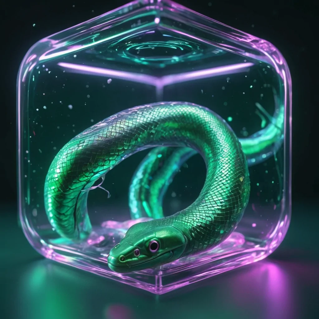 Hyperrealistic neon eels with reflective metallic scales gliding in a cubic emerald chamber filled with ethereal quantum plasma, holographic filaments twisting in dynamic lighting, soft focus, pastel tones, 4K