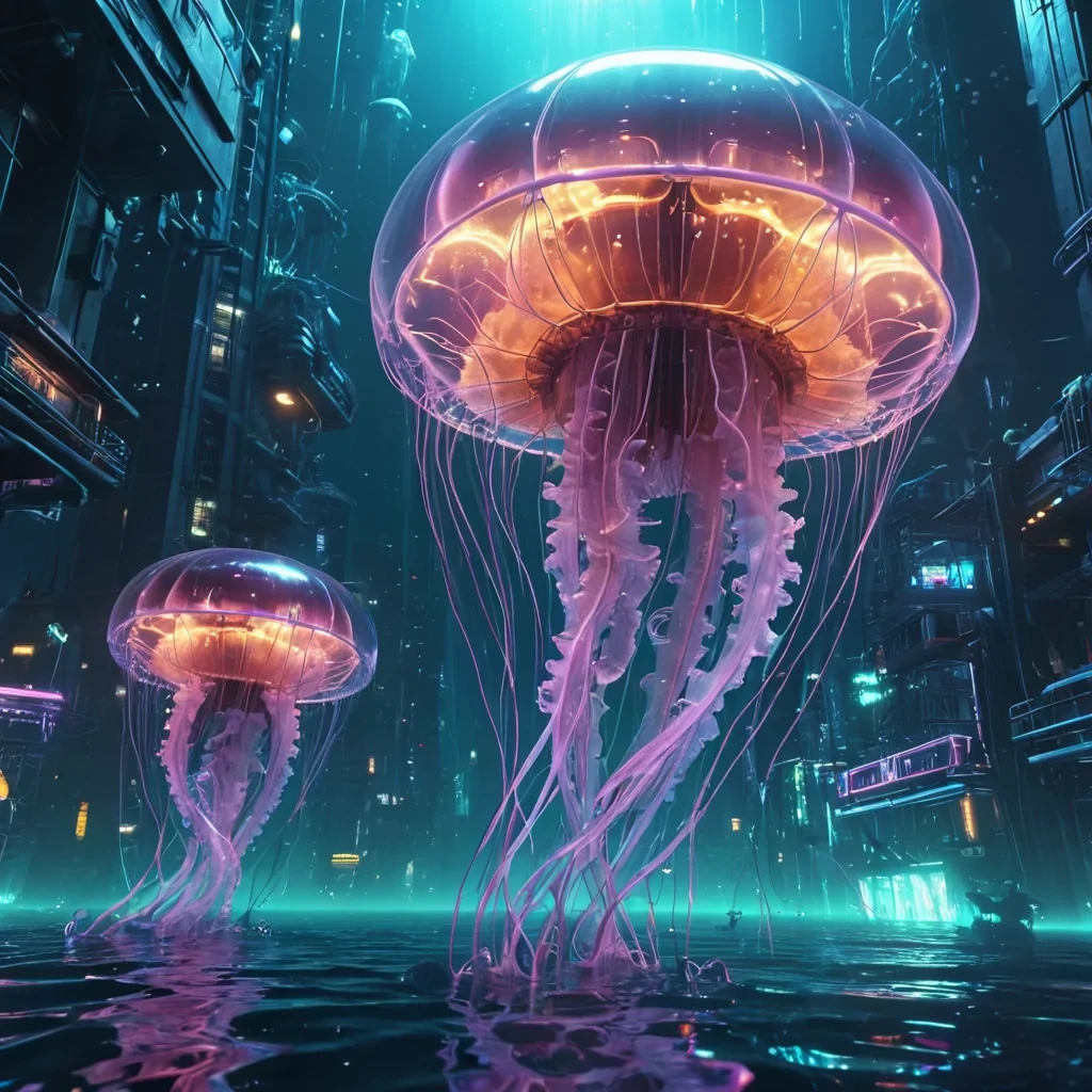A sentient, mechanical jellyfish drifting through an underwater neon metropolis, its tendrils illuminating the surroundings with a mesmerizing, pulsating glow, as aquatic drones dance around it, hyperrealistic, 4K, cinematic lighting, volumetric lighting, atmospheric effects, lens flare, vibrant colors, detailed textures.
