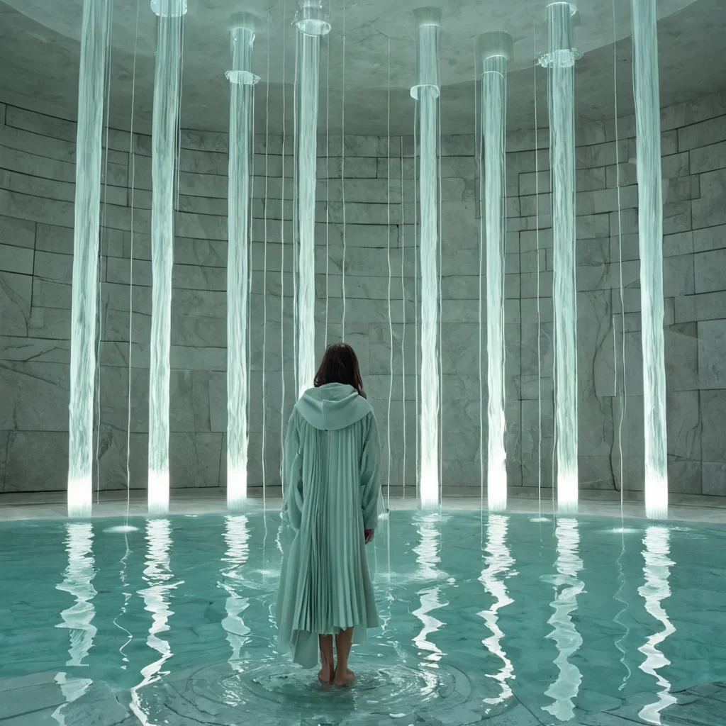 A horizontal, eyelevel wide shot of a vast, submerged architectural plaza constructed from smooth, curved slabs of white marble and translucent quartz, partially covered by a shallow layer of crystalclear water that ripples gently. Rising from the center is a massive, inverted fountain structure made of polished chrome, ejecting a column of dry, silverbell chimes that float upward in a slow, gravitydefying cascade. The background features towering walls of vertical, glowing fiberoptic cables in soft pastel hues of mint green and baby blue, creating a serene, ethereal atmosphere. In the foreground, a figure wearing a structured, avantgarde coat made of stiff, pleated white canvas with asymmetrical cutouts stands barefoot on the wet marble,