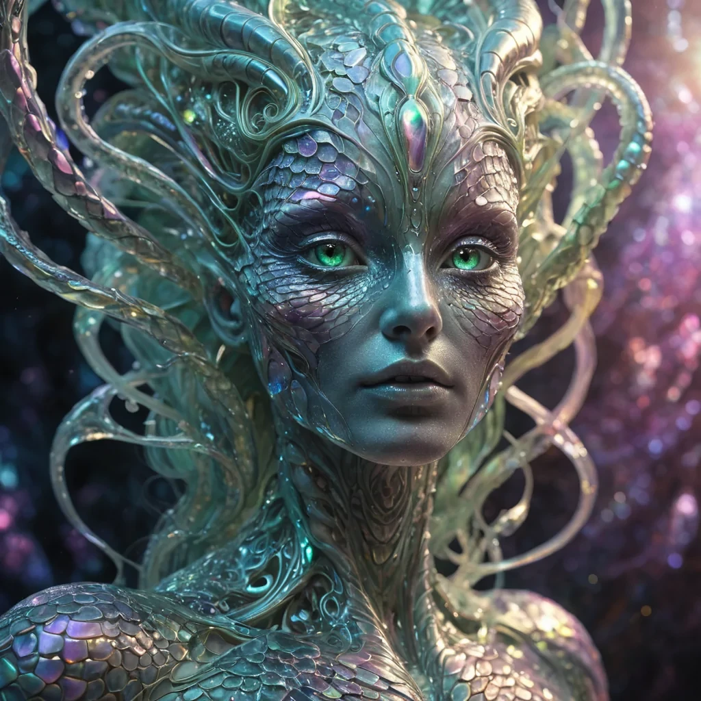 A hyperrealistic, 4K, ultra HD portrait of a mythical, serpentine being with iridescent, opalescent scales and eyes that glow with an otherworldly, prismatic light. The beings form is framed by cascading, fractal, crystalline tendrils that unfurl in zero gravity, creating an intricate, dynamic, and mesmerizing pattern. Cinematic lighting bathes the portrait in a soft, ethereal glow, with lens flare emphasizing the beings radiant, alien essence. Vibrant, pastel hues and detailed textures bring the serpentine being to life, capturing its enigmatic, surreal beauty in a symphony of color and light.