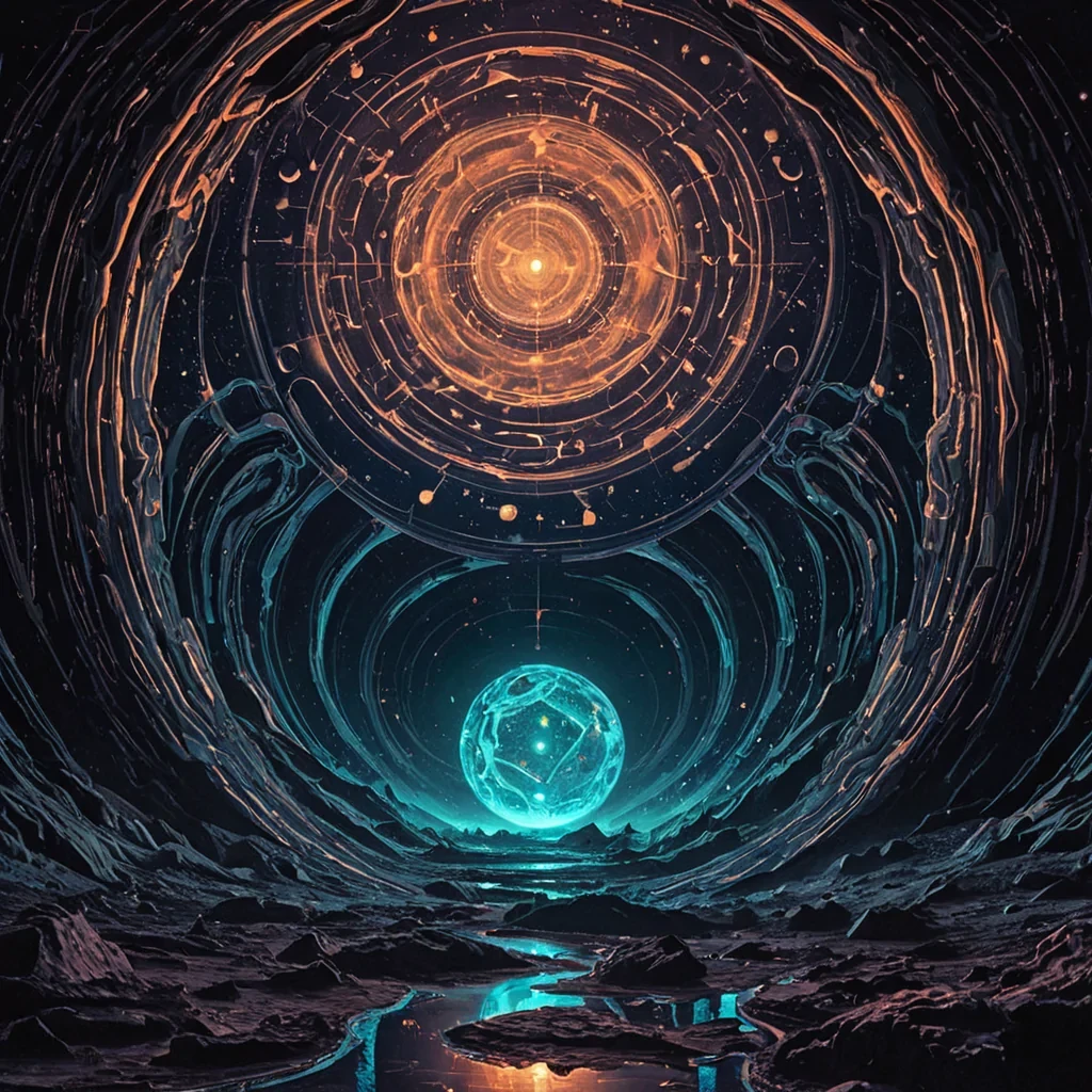 A colossal, sentient kaleidoscope of liquid mercury and fractured moonlight floats in the center of a vast, hollowedout planet core, its surface constantly reshaping into new geometric patterns that pulse with bioluminescent energy. Each facet reflects a different era of human expressionancient cave paintings, neonlit cyberpunk alleyways, and surreal dreamscapesblending seamlessly into one another like a living, breathing tapestry of memory. The structure is suspended by taut, glowing filaments of solidified sound, humming in harmony with the planets slow, rhythmic heartbeat. Around it, swirling clouds of iridescent dust form ephemeral constellations that dissolve and reform with every breath of the cores ambient resonance.