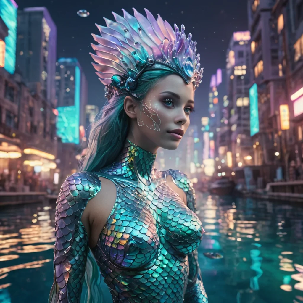 Hyperrealistic cyborg mermaid with iridescent scales, floating in a surreal underwater city illuminated by bioluminescent rays, pastel tones with soft focus, volumetric lighting, 4K resolution, lens flare around her, vibrant colors, intricate metallic headdress