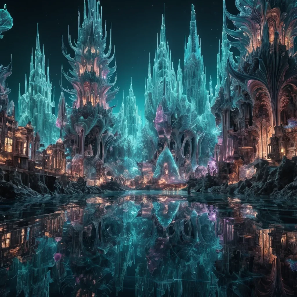 A hyperrealistic, 4K, ultra HD depiction of a surreal, underwater city, its iridescent, crystalline structures and undulating spires etched in intricate, fractal patterns. Volumetric lighting from a distant, pulsating, bioluminescent source bathes the scene in a mesmerizing symphony of vibrant, prismatic hues. Cinematic lighting accentuates the citys central, radiant, luminescent pool, its rippling, liquid surface casting ethereal reflections on the surrounding, geometric formations. Photorealistic, fractal, zerogravity water formations unfurl in a surreal dance, creating an otherworldly, aquatic ballet.