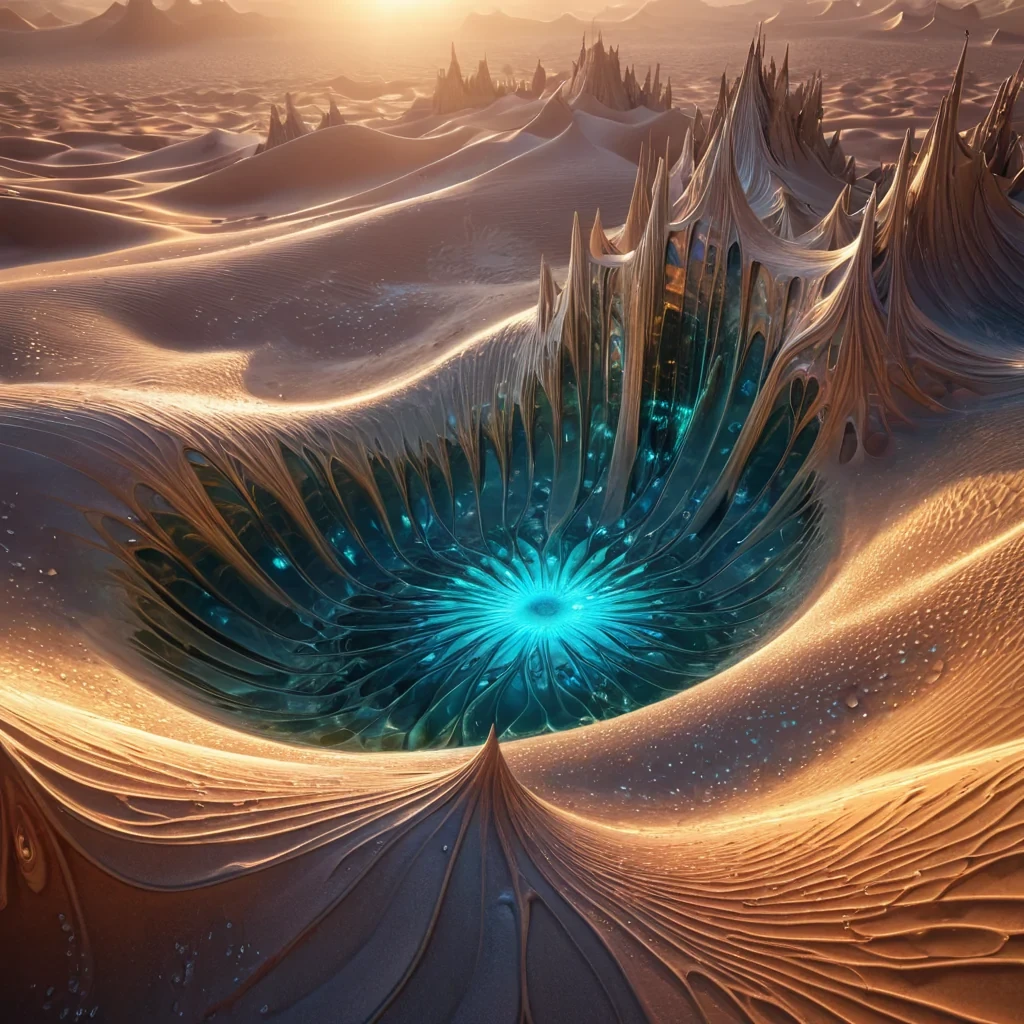 A hyperrealistic, 4K, ultra HD depiction of a shimmering, crystalline desert oasis, its iridescent dunes and towering, prismlike spires etched in intricate, fractal patterns. Volumetric lighting from a distant, pulsating, alien sun bathes the scene in a mesmerizing symphony of vibrant, prismatic hues. Cinematic lighting accentuates the oasiss central, radiant, luminescent spring, its rippling, liquid surface casting ethereal reflections on the surrounding, geometric structures. Photorealistic, fractal, zerogravity water formations unfurl in a surreal dance, creating an otherworldly, aquatic ballet.