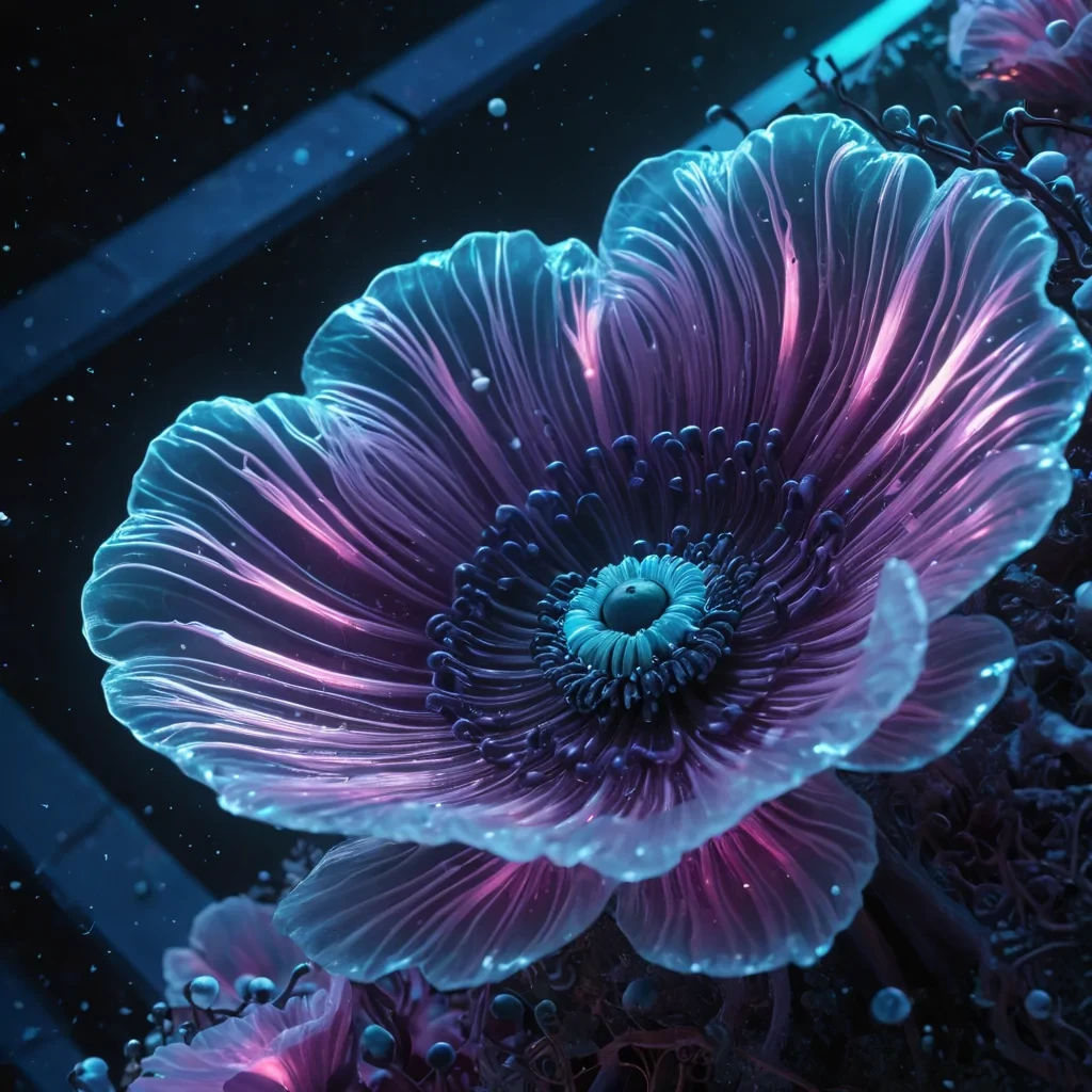 Photorealistic, colossal, undulating, opalescent, anemone metropolis, its hyperrealistic, 4K, lustrous, pearlescent petals unfurling ultra HD, bioluminescent, zerogravity ecosystems. Volumetric lighting from unseen, pulsating, bioluminescent hearts etches the citys ethereal, organic architecture, casting intricate, dynamic, neon shadows on the inverted, reflective void. Cinematic lighting bathes the scene in vibrant, otherworldly hues, with lens flare emphasizing the citys central, radiant, throbbing, opalescent heart, pulsating with captive, artificial, bioluminescent energy.