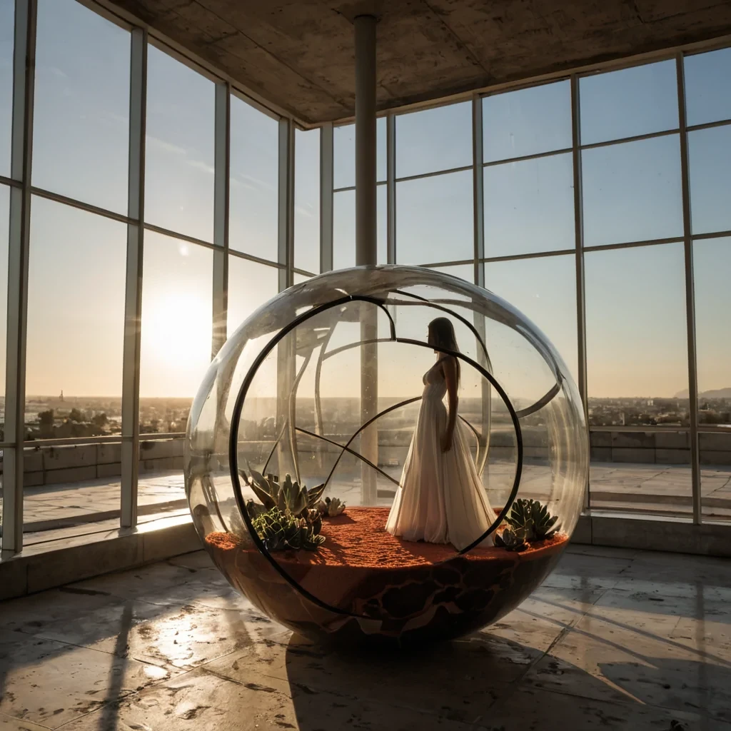 A horizontal, eyelevel medium shot of a minimalist, sundrenched solarium constructed from translucent, honeycombpatterned bioresin panels, situated on the roof of a brutalist concrete tower in a coastal city. The floor is a seamless expanse of polished white marble that reflects the intense, goldenhour sunlight, creating long, dramatic shadows. In the center, a large, spherical terrarium made of clear, thick glass contains a miniature, arid desert ecosystem with smooth, red sand dunes and sparse, silverleafed succulents. Inside the sphere, a single, elegant figure wearing a floorlength, sheer white gown stands still, their silhouette sharply defined against the bright interior. Outside the sphere, the background features a blurred