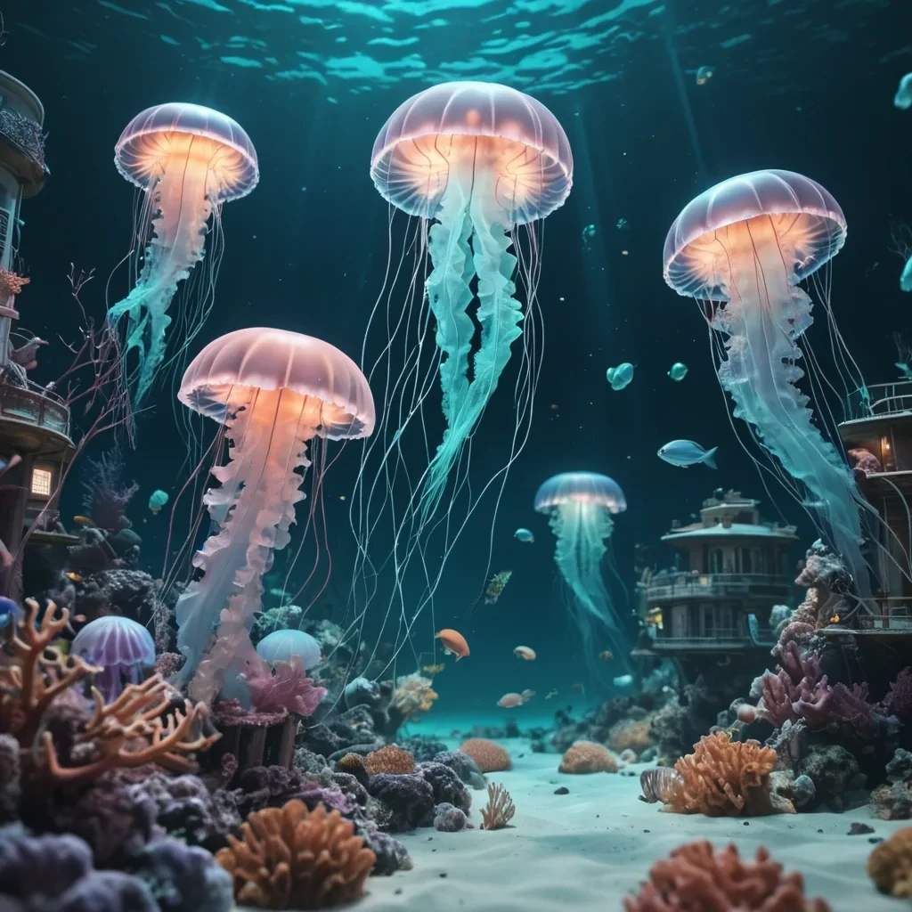 Hyperrealistic underwater city with glowing jellyfish and bioluminescent corals, volumetric lighting, dynamic shadows, soft focus, pastel tones, 4K