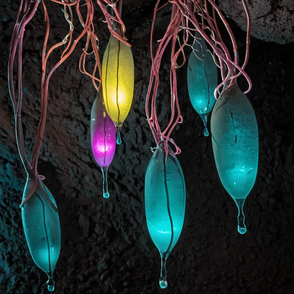 A horizontal, lowangle macro shot of a dense, subterranean ecosystem where the ground is composed of tightly packed, iridescent scales in varying shades of oxidized copper and deep teal, resembling the skin of a colossal, slumbering creature. Scattered across this textured surface are clusters of translucent, gellike pods that pulse with soft, internal bioluminescence in hues of magenta and pale yellow, each containing a single, suspended seed of pure white quartz. In the immediate foreground, a slender, mechanical vine made of articulated silver segments and flexible silicone tubing winds upward, its tip gently touching one of the glowing pods, causing ripples of light to emanate outward. The lighting is dim and moody, with shafts of
