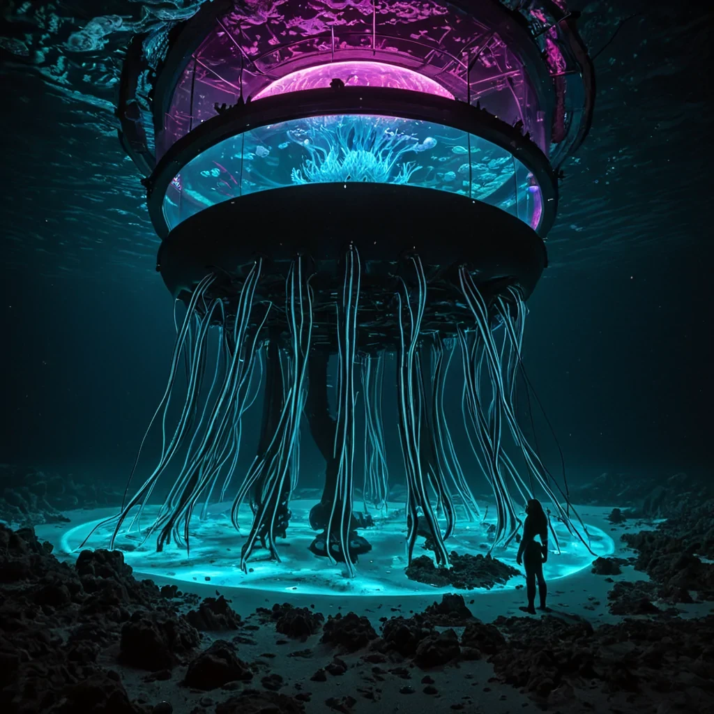 A horizontal, eyelevel wide shot of a submerged, bioluminescent research outpost located at the bottom of a deep, obsidianblack trench in an alien ocean. The structure is a translucent, domeshaped vessel made of flexible, organic silica gel that pulses with a rhythmic, soft cyan glow from within, contrasting with the surrounding pitchblack water. Inside the dome, rows of vertical, cylindrical tanks made of clear, reinforced crystal hold suspended, jellyfishlike creatures with long, trailing tendrils of neon pink and electric blue light. In the foreground, a marine xenobiologist with skin resembling smooth, pale moonstone and wearing a sleek, formfitting suit of matte black neoprene with glowing white circuit lines stands on a grated metal