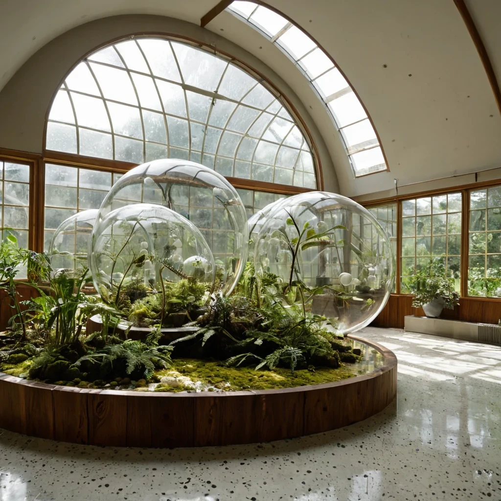 A horizontal, eyelevel medium shot of a silent, indoor conservatory dedicated to the cultivation of giant, floating seed pods that resemble translucent, ambercolored glass marbles, each suspended by delicate, silver filaments from a high, vaulted ceiling of exposed white timber beams. Inside each pod, a miniature, fully formed ecosystem thrives in suspended animation tiny ferns, mossy rocks, and miniature waterfalls are preserved in a state of perfect stillness, visible through the clear, curved surfaces. The room is bathed in soft, directional sunlight streaming through large, dustmotefilled windows, casting long, dramatic shadows across the polished terrazzo floor. In the foreground, a botanist with skin resembling smooth, warm olive wood and