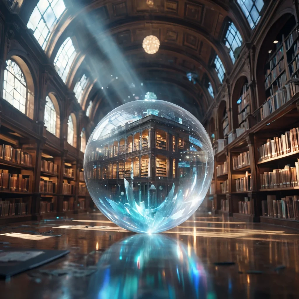 A sentient, crystal orb floats above a futuristic, abandoned library, its facets reflecting holographic pages that dance and shimmer in the air, hyperrealistic, ultra HD, cinematic lighting, volumetric lighting, atmospheric effects, dynamic lighting, bokeh effect, soft focus, lens flare, iridescent hues, glowing whites, and ethereal blues, detailed textures.