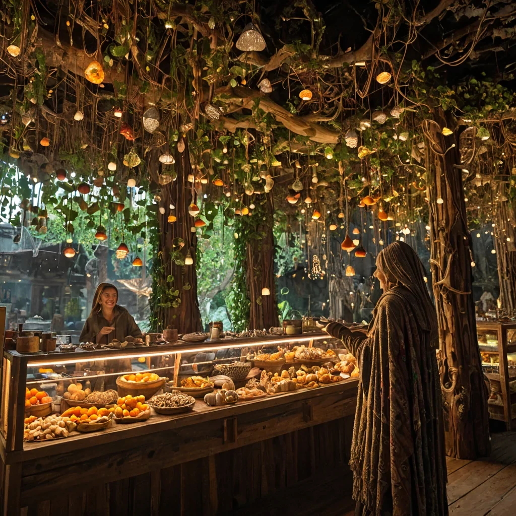 A vertical, cinematic medium shot of a bustling, vertical marketplace suspended inside a colossal, hollowedout sequoia trunk that has been transformed into a solarpunk habitat, with the interior walls lined with tiers of terraced gardens growing luminous, bioluminescent fungi and cascading vines of silverthreaded ivy. Sunlight filters through the canopy far above in thick, volumetric beams of golden dust, illuminating the vibrant colors of woven tapestries and ceramics displayed on floating wooden stalls that drift slowly on gentle air currents. In the foreground, a vendor with skin textured like polished driftwood and hair made of spun copper wire smiles warmly while handing a glowing, crystalencased fruit to a customer wearing a patchwork cloak of