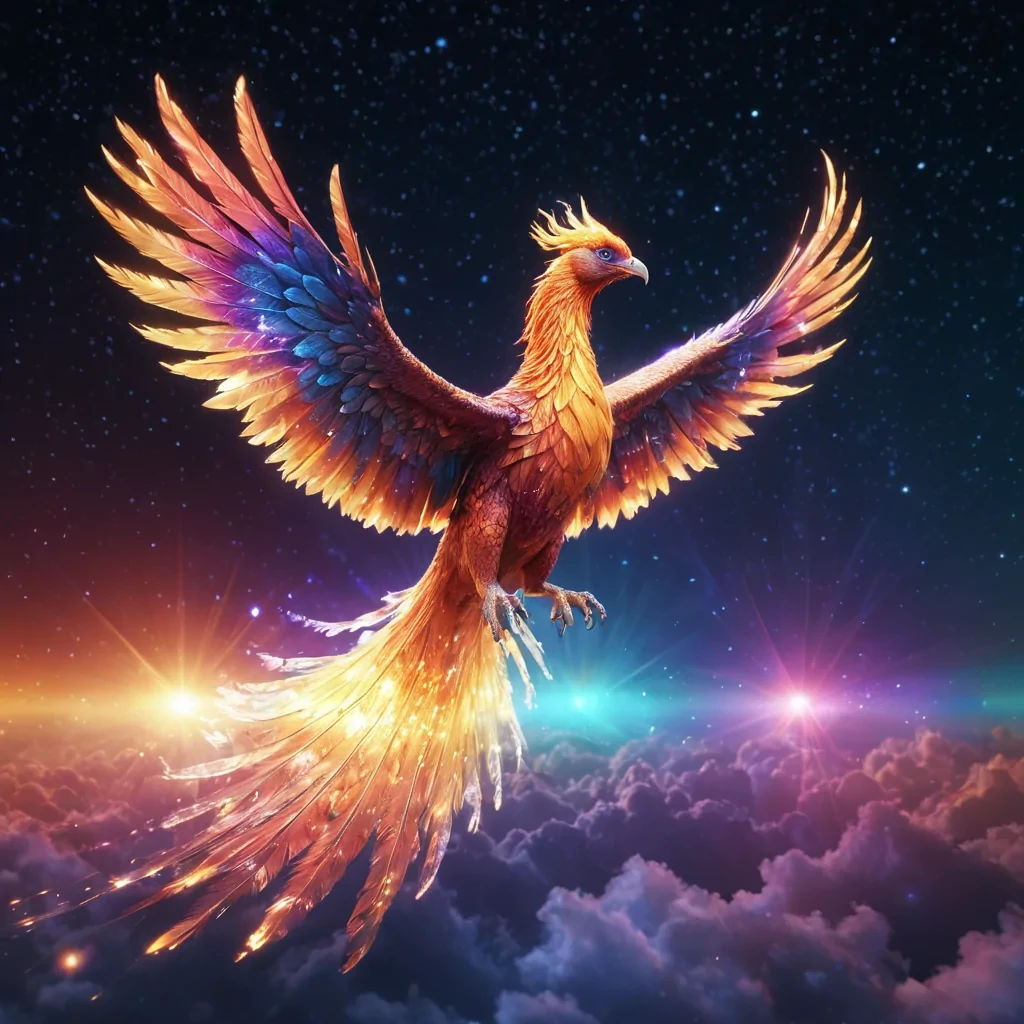 A lone, crystalline phoenix soars through a starfilled sky, its feathers refracting starlight into a spectrum of colors, hyperrealistic, ultra HD, cinematic lighting, volumetric lighting, atmospheric effects, lens flare, vibrant colors, detailed textures.