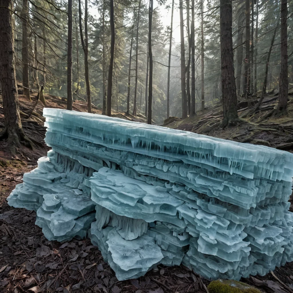 A photorealistic, eyelevel shot of a dense, fogshrouded forest floor where the ground is composed entirely of stacked, translucent layers of compressed, pale blue ice, visible like geological strata. Emerging from the center is a single, upright, monolithic slab of roughhewn, reddish sandstone, perfectly dry and contrasting sharply with the wet, slippery surroundings. Draped across the top of the stone is a heavy, woven tapestry made of synthetic fibers in shifting hues of teal and violet, fluttering slightly in a gentle, unseen breeze. The tapestry is not flat but features a complex, threedimensional relief of woven patterns that cast intricate, dappled shadows onto the ice below. In the foreground, a small