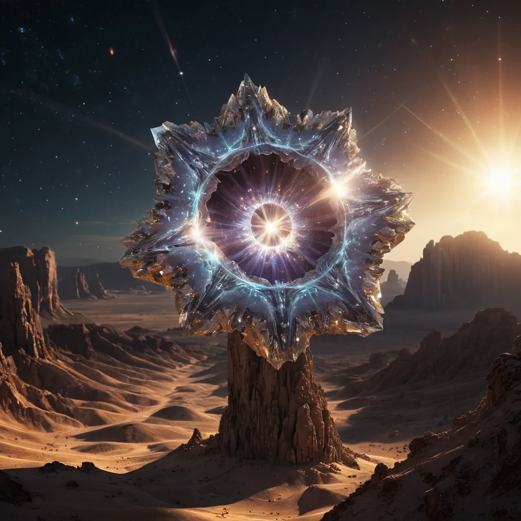 Quantum Echo A colossal, crystalline structure, reminiscent of a colossal geode, towers over a desolate, hyperrealistic, Ultra HD desert landscape. Its fractal, detailed texture shimmers under the harsh, cinematic lighting of a binary star system, casting intricate, dynamic shadows across the alien terrain. The structures core pulsates with a rhythmic, atmospheric glow, creating a soft, ethereal bokeh effect that dances with the landscapes lens flare, echoing the quantum fluctuations of the universe itself.