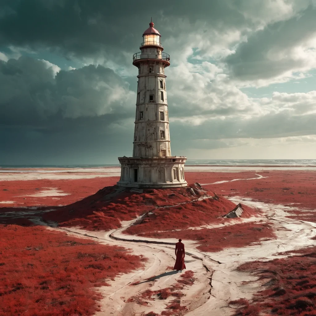 A colossal, ancient, abandoned lighthouse, its towering, spiraling form carved from a single, monolithic slab of weathered, ivory marble, stands sentinel over a vast, desolate, sunscorched savannah. The lighthouses colossal, rotating beacon, crafted from a labyrinth of interlocking, iridescent crystals, casts dynamic, prismatic shadows across the desolate landscape, revealing intricate, ancient runes etched into the parched, crimson sands. Within, a lone, spectral figure, clad in a tattered, vintage lighthouse keepers uniform, drifts through the desolate space, their form composed of swirling, ethereal seafoam. Ultra HD,